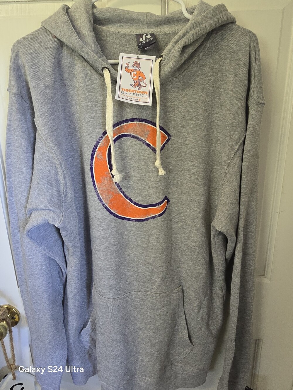 J. America Gray Hooded Sweatshirt with Orange & Navy 'C' Graphic